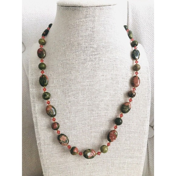 Natural Unakite Gemstone and Glass Beads Artisan Necklace 19 inch - Picture 1 of 5